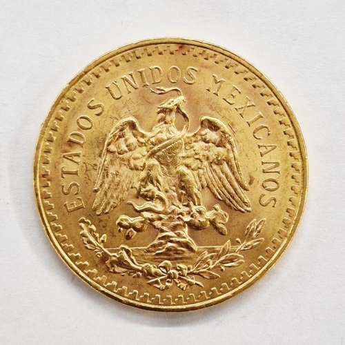 394 - Mexican 50 Peso Gold Coin features a design of The Angel of Independence as well as the year-date (1... 