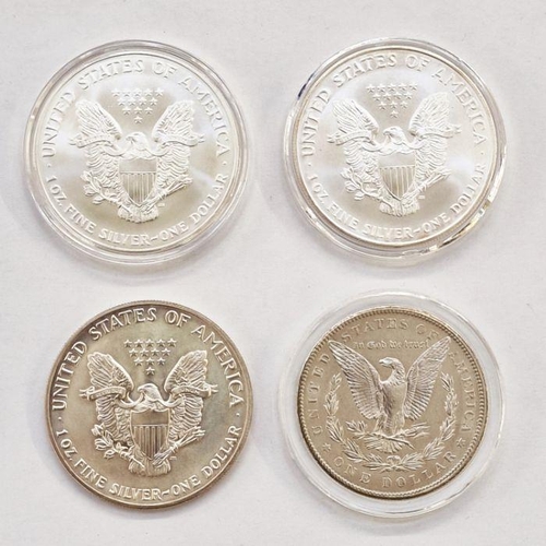 403 - United States of America, Silver Dollars.  1900 Morgan Dollar, 1991, 1998 and 2002 Eagle Dollars