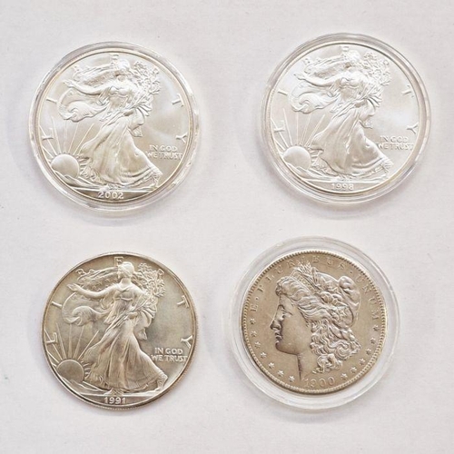 403 - United States of America, Silver Dollars.  1900 Morgan Dollar, 1991, 1998 and 2002 Eagle Dollars