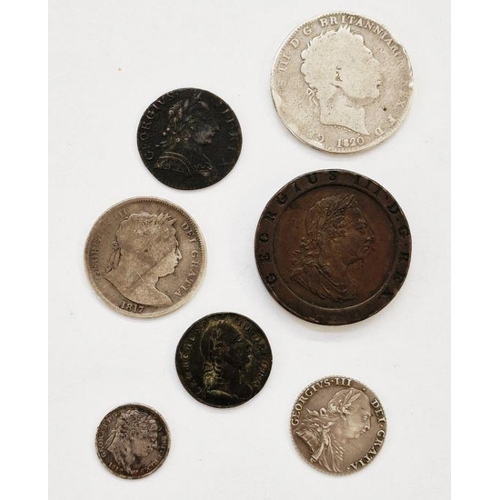 409 - George III (1760-1820),  Group of interesting coins, 1820 Crown (fair), 1797 Cartwheel Twopence (som... 