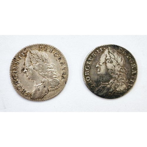 411 - George II (1727-1760) 2 Sixpences, 1758/7 and 1757, Laurette head facing left, reverse angles plain ... 