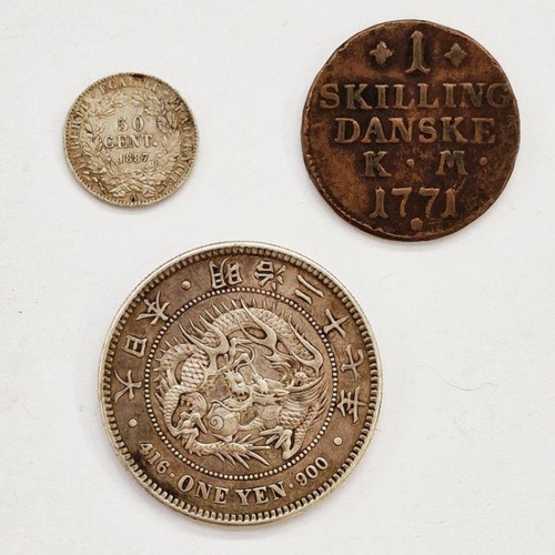 413 - World Coins (3) Danish 1771, 1 Skilling, Japan One Yen, French 1887 A 50 Centimes