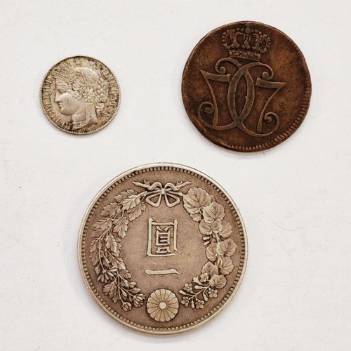 413 - World Coins (3) Danish 1771, 1 Skilling, Japan One Yen, French 1887 A 50 Centimes