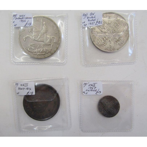 443 - Group of English coins from George II to George V. Comprising: 1757 Sixpence (fair), George III 1806... 