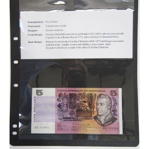 451 - Folder of banknotes, eight world notes from Australia, seven Britain Armed Forces from £5 to 5p, two... 