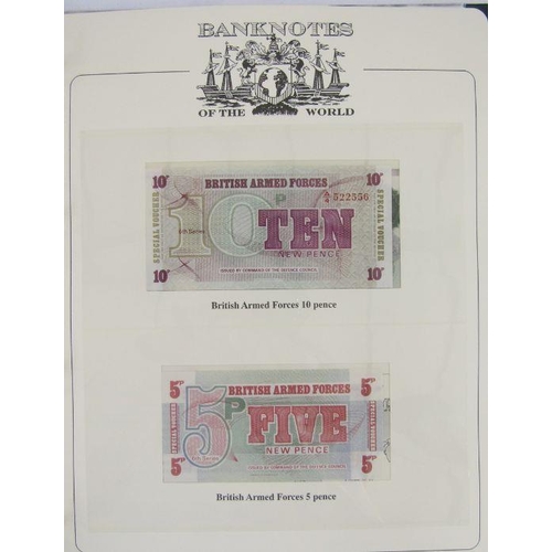 451 - Folder of banknotes, eight world notes from Australia, seven Britain Armed Forces from £5 to 5p, two... 