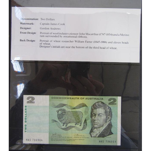 451 - Folder of banknotes, eight world notes from Australia, seven Britain Armed Forces from £5 to 5p, two... 