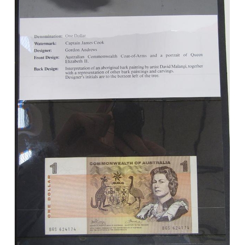 451 - Folder of banknotes, eight world notes from Australia, seven Britain Armed Forces from £5 to 5p, two... 