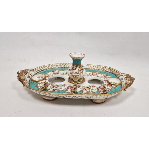 8 - Mid-19th century Staffordshire porcelain turquoise-ground desk set, with pierced oval two-handled tr... 