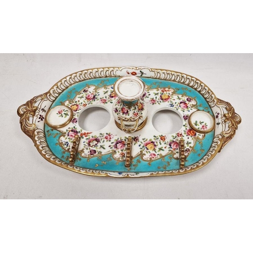 8 - Mid-19th century Staffordshire porcelain turquoise-ground desk set, with pierced oval two-handled tr... 