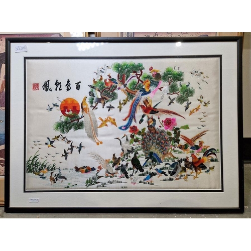 801 - Modern Chinese embroidered silk panel of exotic birds in landscape, bearing red seal and black signa... 