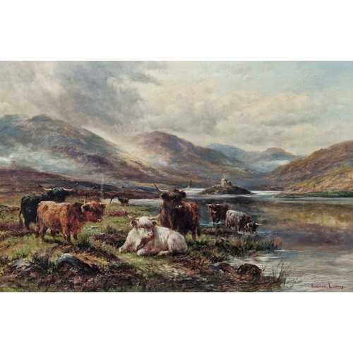 807 - Andrew Lennox (19th / 20th century)
 Oil on Canvas
 Scottish landscape with highland cattle by a riv... 