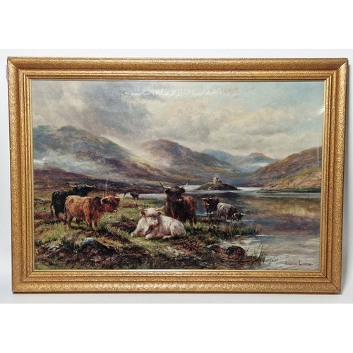 807 - Andrew Lennox (19th / 20th century)
 Oil on Canvas
 Scottish landscape with highland cattle by a riv... 