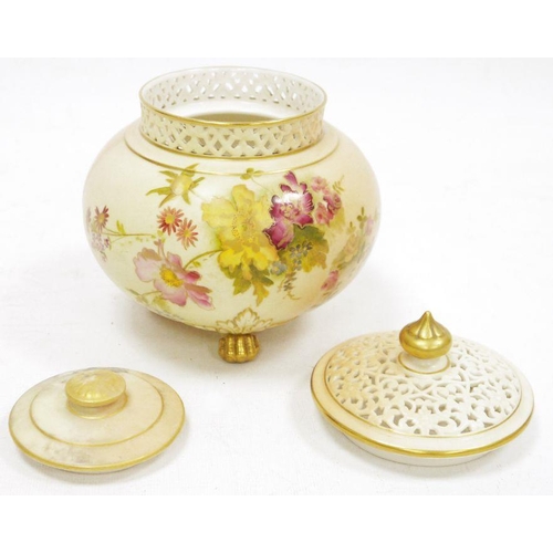 87 - Royal Worcester blush ivory ground globular pot-pourri vase, liner and pierced cover, circa 1900, pr... 