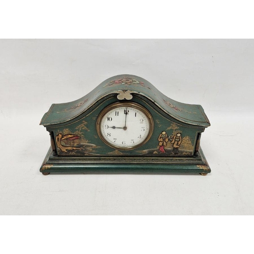 1003 - Early 20th century mantel clock decorated in oriental-style, the green painted case with moulded fig... 