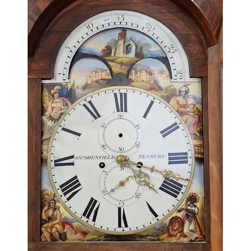 1013 - 19th century mahogany cased longcase clock, the broken arch painted face is colourfully decorated wi... 