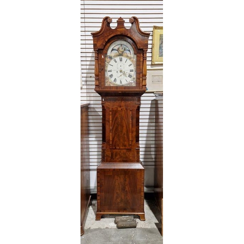 1013 - 19th century mahogany cased longcase clock, the broken arch painted face is colourfully decorated wi... 