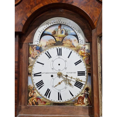 1013 - 19th century mahogany cased longcase clock, the broken arch painted face is colourfully decorated wi... 