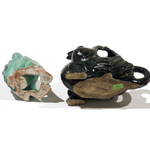 107 - Lauder (Barum) Art Pottery Cockatrice / Griffin candlestick and a Baron (Barnstaple) frog spoon warm... 