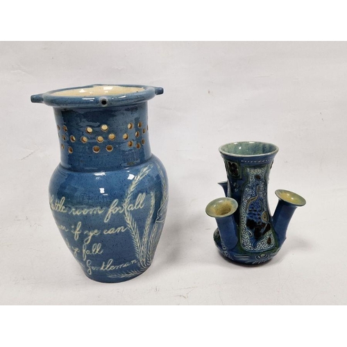 13 - C H Brannam Art Pottery Barum blue-ground triple spill vase and a Lauder Barum pottery blue-glazed p... 