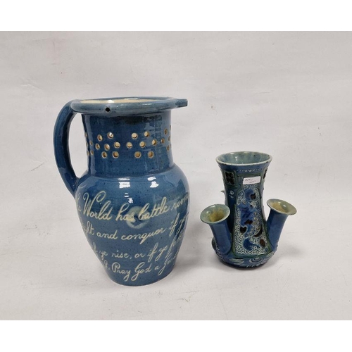 13 - C H Brannam Art Pottery Barum blue-ground triple spill vase and a Lauder Barum pottery blue-glazed p... 