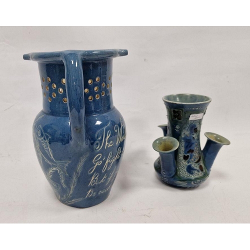 13 - C H Brannam Art Pottery Barum blue-ground triple spill vase and a Lauder Barum pottery blue-glazed p... 