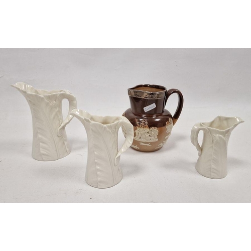 22 - Doulton Lambeth silver-mounted brown stoneware Harvest jug and three Royal Worcester leaf-shaped jug... 