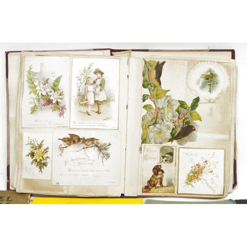 225 - Victorian scrapbook with greetings cards, humorous cards, cut-outs, etc and three other volumes