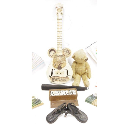 234 - 1950's Skiffle Junior hard vinyl ukulele, an old gold plush teddy bear (worn), box of old dominoes, ... 