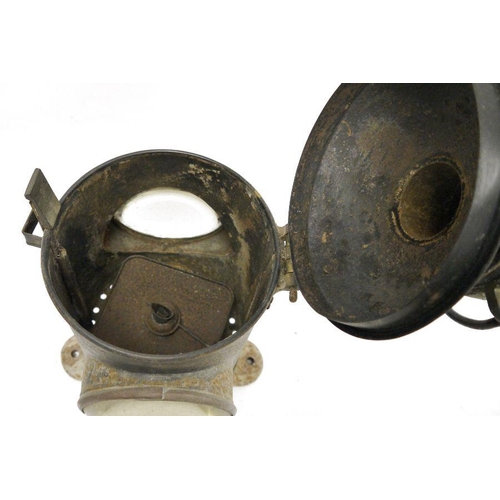 267 - Old black metal railway lamp, double-sided with convex glass, swing handle, 44cm high