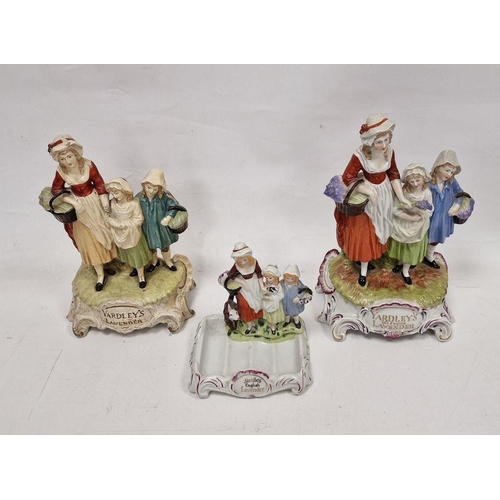 27 - Three Yardley English Lavender figure groups, including a Dresden porcelain group of mother and two ... 