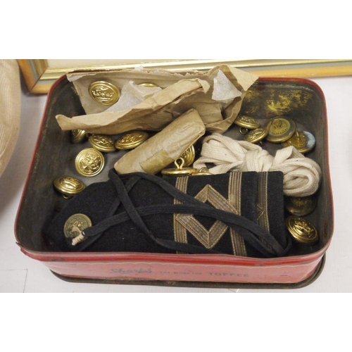 301 - Quantity of naval brass buttons, uniform accessories, a naval brass tobacco pouch with hinged lid, c... 