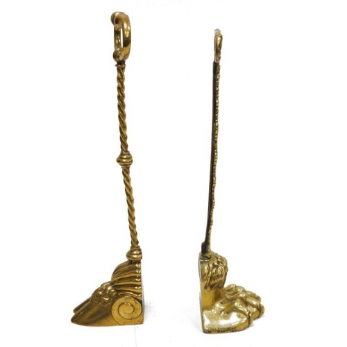 341 - Brass claw and feather-pattern doorstop with loop handle and another with cloven hoof (2)