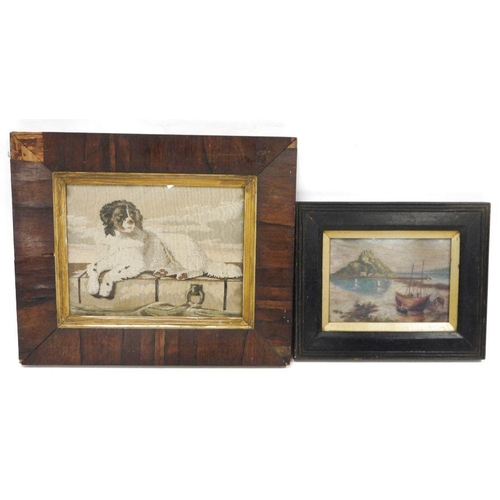 348 - Victorian petitpoint tapestry picture of a dog on quayside, 25cm x 32cm in rosewood frame and a simi... 