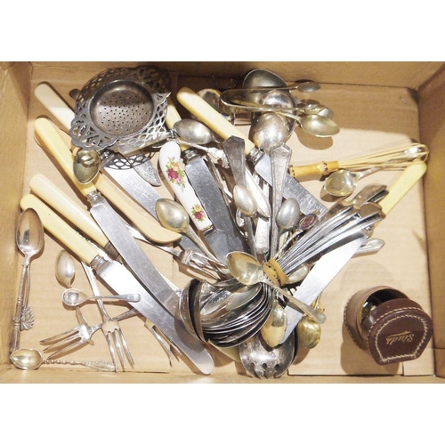 359 - Assortment of silver plate and other metalware, to include tankards, flatware, a tea strainer on sta... 