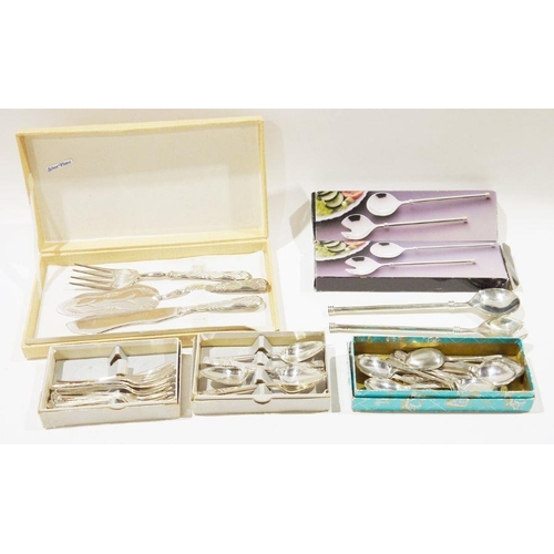 375 - Quantity of silver plated flatware, most in original boxes, to include two sets of silver-handled bu... 