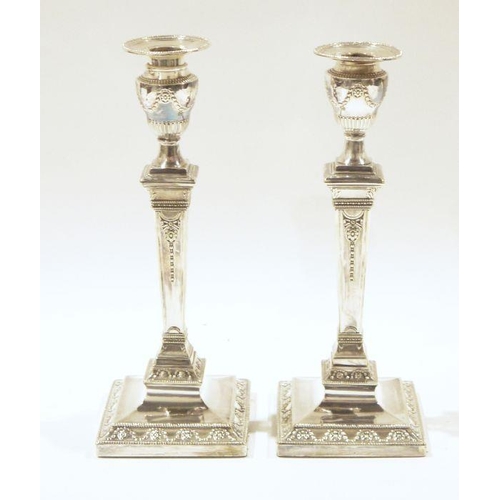 378 - Pair of 19th century silver plated candlesticks by Mappin & Webb, 29cm high, a silver plated chamber... 