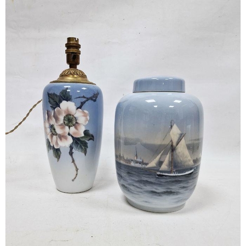 44 - Royal Copenhagen vase and cover painted with a maritime scene and an oviform lamp base, 20th century... 