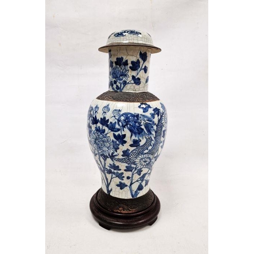 45 - 19th century Chinese blue and white crackle glazed baluster vase and cover, on hardwood stand, paint... 