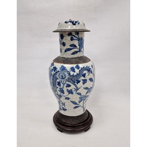 45 - 19th century Chinese blue and white crackle glazed baluster vase and cover, on hardwood stand, paint... 