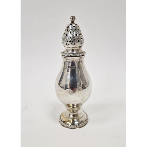 453 - Silver sugar caster with pyriform body, high domed pierced lid and on circular rope twist border foo... 