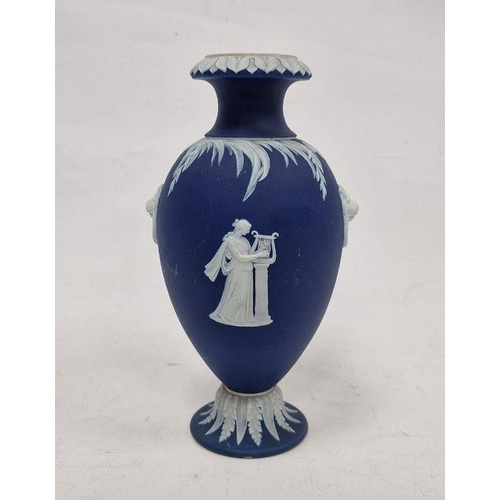 5 - Wedgwood dark blue jasperware oviform vase, circa 1890, impressed uppercase marks, decorated with wh... 