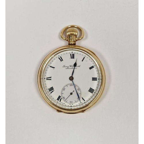 505 - 18ct gold cased open face pocket watch, the enamel dial with Roman numerals denoting hours, seconds ... 