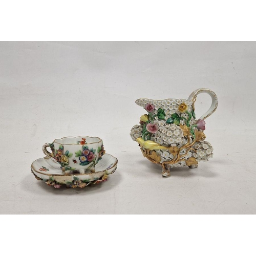 55 - Late 19th Century Meissen Schneeballen milk-jug and a flower encrusted teacup and saucer, blue cross... 