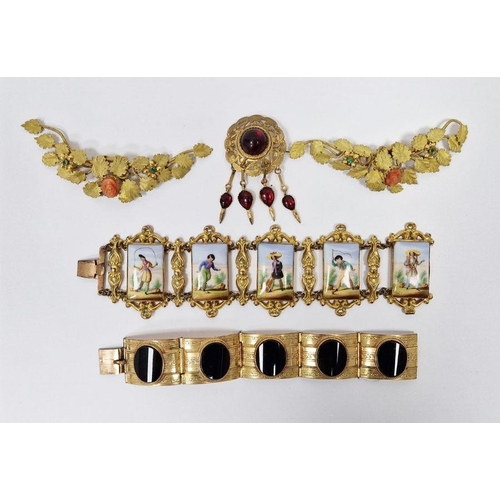 588 - 19th century gilt metal and painted porcelain plaque bracelet, the five rectangular plaques painted ... 