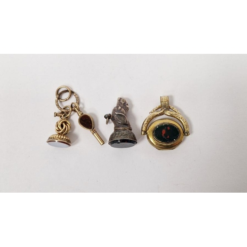 589 - Victorian silver and bloodstone set seal with dog's head handle, stone set watch key and two other s... 