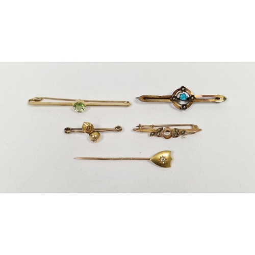 590 - Gold and diamond regimental small bar brooch, 18ct gold and diamond shield-shape stickpin, 9ct gold ... 