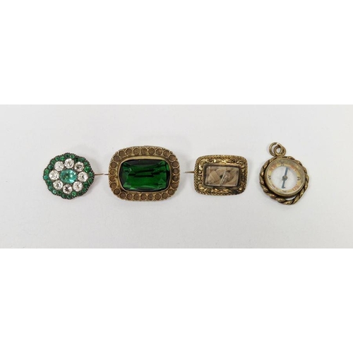 591 - Victorian gold-coloured metal woven hair small lace brooch, green stone set brooch, compass pendant ... 