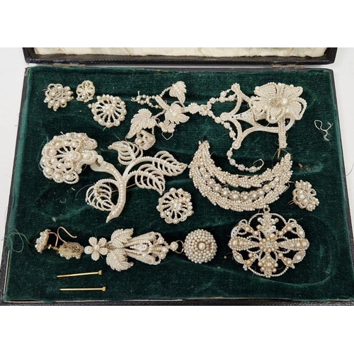 595 - Victorian seed pearl brooch with trembling flower, various seed pearl set brooches, earrings and pen... 