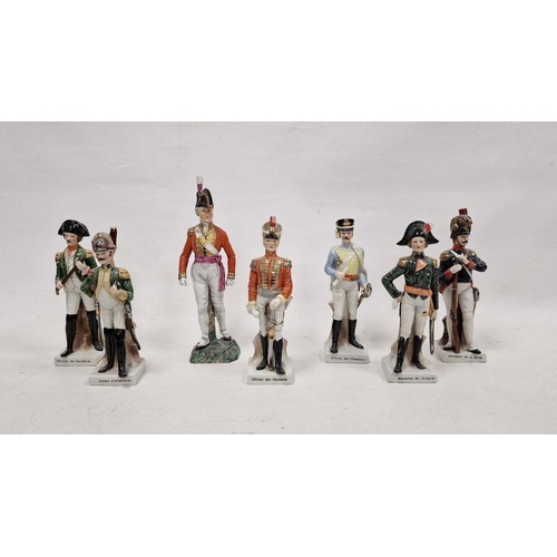 6 - Six 20th century Continental porcelain figures of French soldiers and a Grenadier Guard similar reta... 